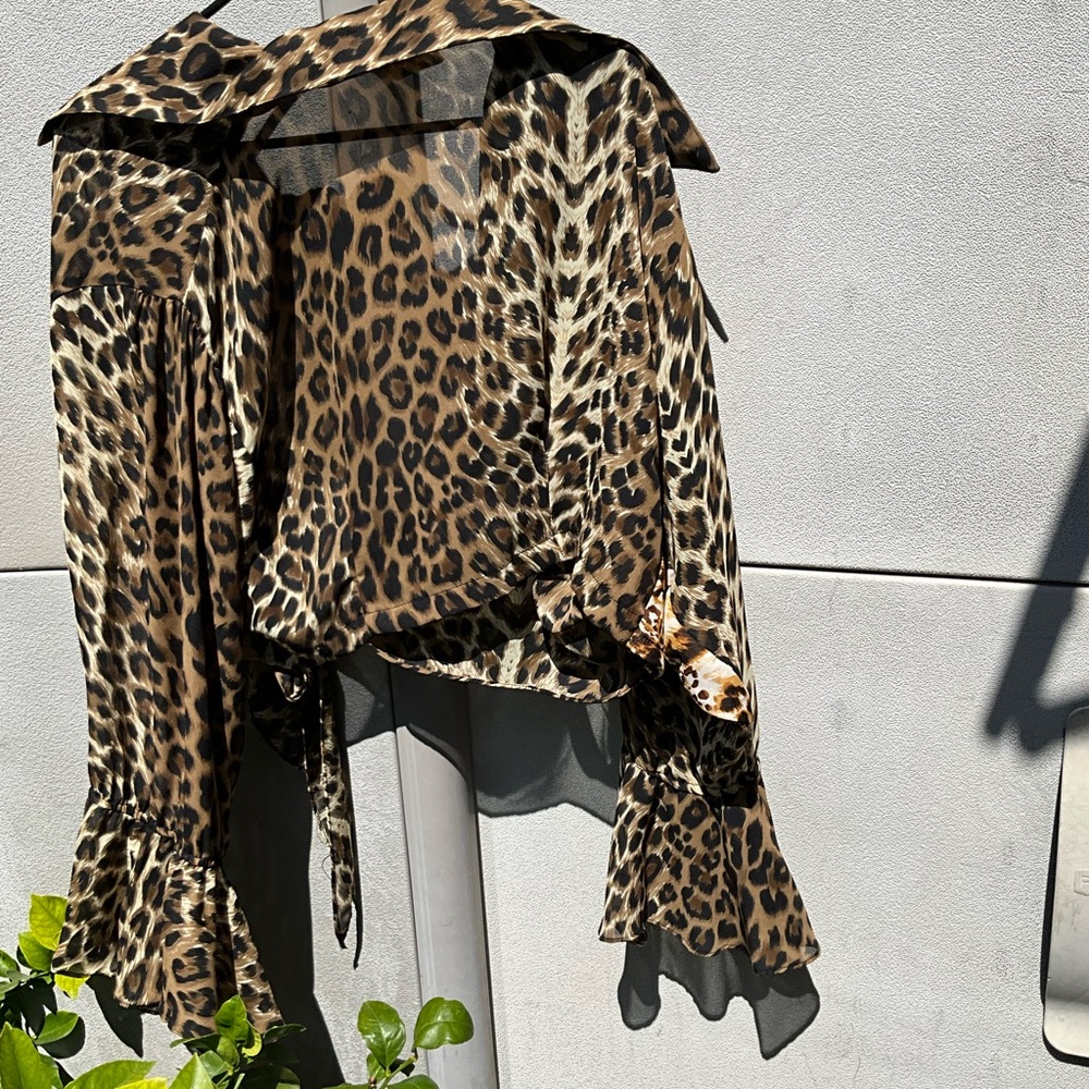 Vintage Neutral Leopard Print Long Sleeve Blouse WOmens Sz S Made in USA - Picture 9 of 16
